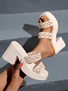 全新女式高跟坡跟一脚蹬休闲凉鞋，时尚防水厚底手工编织鞋，鞋底厚实