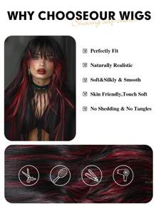 Multicolor Synthetic Wig With Bangs Black Mix Red Long Natural Curly Wig For Women Daily Party Cosplay Christmas Wigs For Girls - Multicolor - View 7