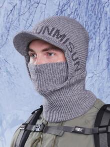 1pc Men's Autumn/Winter Letter Cycling Neck Warmer & Beanie Set, Casual Windproof Knitted Embroidered Ski Hat