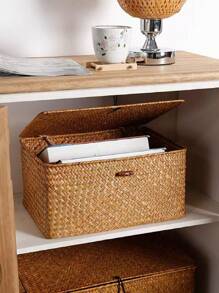 1pc Woven Basket With Lid, Woven Willow Storage Box With Cover, Rectangular Storage Box, Toy Storage Box With Lid, Decorative For Room, Home, Kitchen, Bathroom, Bedroom, Great Gift For New Year & Valentine's Day,NaturalMix Woven Planters With Rope & Metal Frame, BohoBaskets For Coastal Decor, Indoor/Outdoor Geometric Garden Accents,For Back To School