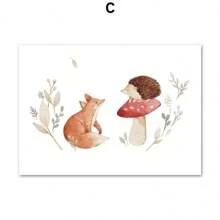 1 件波西米亚风卡通农场海报艺术印刷品狐狸蜜蜂熊刺猬花帆布画墙画家居装饰无框