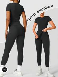 YEIFIN Conjunto de chándal de camiseta de cuello redondo y leggings de cintura alta para mujer de 2/4 unidades, camiseta deportiva cómoda y pantalones ajustados para hacer yoga en el gimnasio, ropa deportiva de verano para mujer para la vuelta al cole, chándales para mujer, estilo primavera y verano para chica del centro