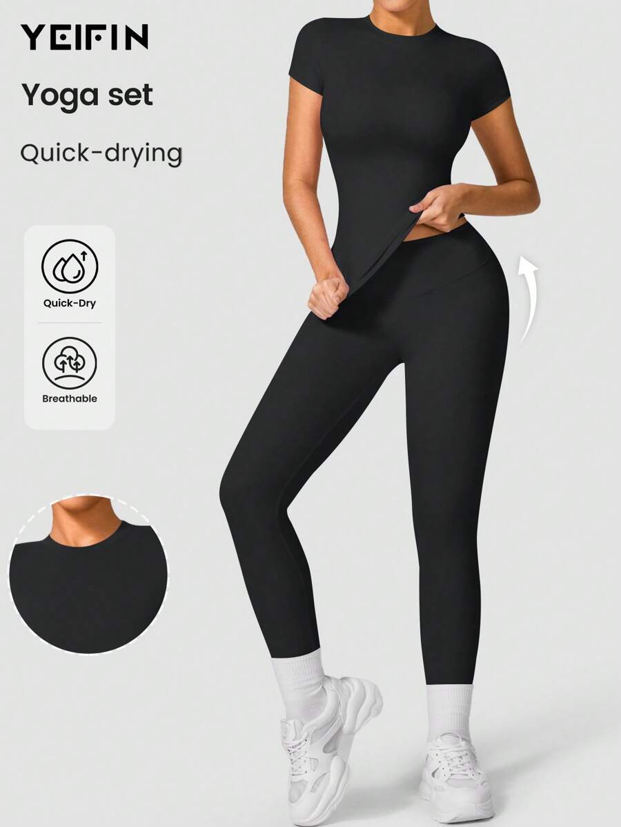 YEIFIN Conjunto de chándal de camiseta de cuello redondo y leggings de cintura alta para mujer de 2/4 unidades, camiseta deportiva cómoda y pantalones ajustados para hacer yoga en el gimnasio, ropa deportiva de verano para mujer para la vuelta al cole, chándales para mujer, estilo primavera y verano para chica del centro