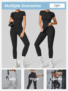 YEIFIN Conjunto de chándal de camiseta de cuello redondo y leggings de cintura alta para mujer de 2/4 unidades, camiseta deportiva cómoda y pantalones ajustados para hacer yoga en el gimnasio, ropa deportiva de verano para mujer para la vuelta al cole, chándales para mujer, estilo primavera y verano para chica del centro