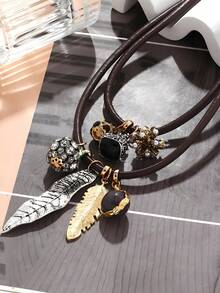 1 Piece Light Luxury Wind Multi-Layer Leaf Diamond Ball Feather Pendant Leather Rope Necklace Europe And The United States Retro Handmade Set Of Collarbone Chain Female, New Chinese Zen Long Paragraph Feather Necklace Female Wind Retro Hundred With Stacked Wear Sweater Chain, Charms,Trinkets,Charms,Christmas,