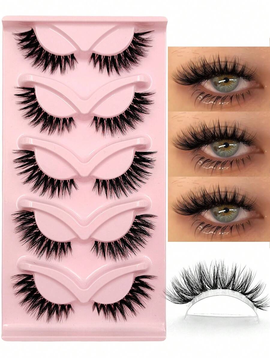 Asiteo 5 Pairs New Cat Eye False Eyelashes 3D Natural Transparent Band Fake Lashes Fluffy Soft Criss-Cross Cartoon Eyelashes Delicate Natural Eyelash Extensions Makeup - 眼尾拉長款 - 查看 1