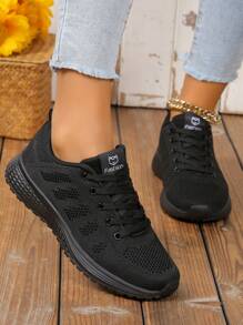 Ladies Lightweight Breathable Mesh Lace Decor Lace-Up Running/Road Shoes, Suitable For All Seasons - Black - View 3