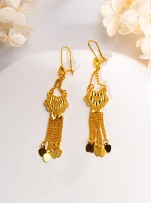 2pcs/Set Fashionable Women Heart Shaped Chain Pendant Earrings, Copper Material 24K Gold Plated, Heart Tassel Design, Gifts For Girlfriend, Wife, Friend, Birthday, Holiday Valentines