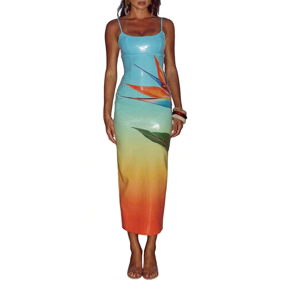 Vestido largo de verano para mujer, escote en U, sin mangas, tirantes finos, estampado de hojas, abertura en el dobladillo, lentejuelas de color en contraste, vestido ajustado - Azul - Ver 1