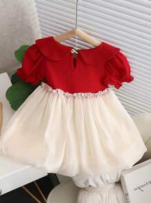 Baby Girl's Stylish Colorblock Bow Decor Peter Pan Collar Bubble Short Sleeve Dress, Summer