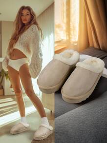 1 双男女通用防滑耐磨软底保暖内衬圆头低帮一脚蹬拖鞋复古时尚室内日常居家冬季保暖毛绒拖鞋卡其色 - 卡其色 - 查看 2