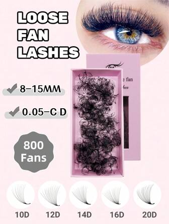 1 盒 800 片装 10D/12D/14D/16D/20D 专业制作散装扇形睫毛延长片 0.05 毫米 D 卷翘尖头睫毛根卷翘预制扇形睫毛延长片睫毛簇、睫毛簇、单根睫毛、睫毛、假睫毛