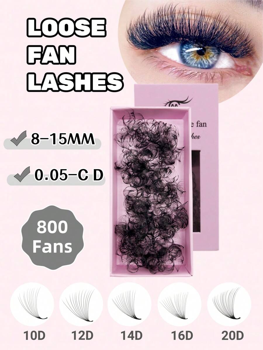 1 kutija 800 lepezastih trepavica 10D/12D/14D/16D/20D, gotove, loose, lepezaste trepavice, ekstenzije 0,05 mm, D uvijene, šiljaste, baza, volumen, gotove lepezaste ekstenzije trepavica, grozdovi trepavica, pojedinačne trepavice, trepavice, umjetne trepavice - D - Prikaz 1