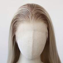Ombre Platinum Blonde Lace Front Synthetic Wig With Dark Roots Straight Hairpiece  Heat Resistant Fiber Glueless Suitable For All Hair Types - 漸層髒金髮女郎 - 查看 6