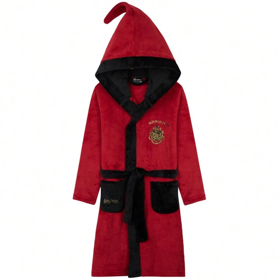 Harry Potter Fleece Dressing Gown With Hood Pockets Tie Waist Cosy Robe Gift - Red - View 1