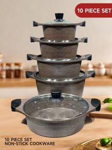 Juego de 2-10 piezas de ollas y sartenes antiadherentes y antiscald de aluminio con tapa, de fundición, de uso múltiple, adecuado para cocinar en casa, apto para estufas de gas y eléctricas.