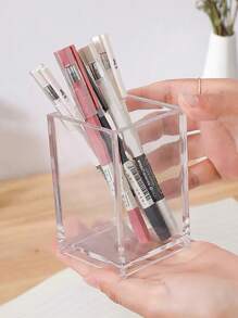 1 pieza Soporte de escritorio rectangular blanco/negro de acrílico, caja de exhibición de lápices de acrílico sin tapa para uso en oficina y papelería