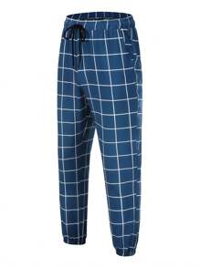 Men's Stretch Check Trousers Casual Drawstring Pants With Pockets - Navy Blue - View 3