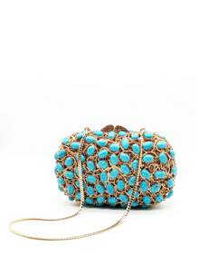 Luxury Turquoise Stone Crystal Evening Clutch Bags,Rhinestone Elegant Clutch Purses For Bride Wedding,Turquoise Synthetic Agate Stone Handbags For Formal Party&Prom Events,Best Gifts For Her With Box - 綠色 - 查看 2