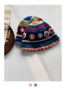 1 sztuka ręcznie robiony 3D kwiatowy malowany mały rondo kapelusz typu bucket, nowy damski krótki rondo jesień/zima mały kwiatowy kapelusz typu bucket, ciepła ochrona uszu dzianinowa czapka z dzianiny kwiatowej, słodki damski jesienny/zima kapelusz typu bucket