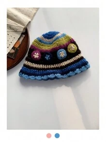 1 sztuka ręcznie robiony 3D kwiatowy malowany mały rondo kapelusz typu bucket, nowy damski krótki rondo jesień/zima mały kwiatowy kapelusz typu bucket, ciepła ochrona uszu dzianinowa czapka z dzianiny kwiatowej, słodki damski jesienny/zima kapelusz typu bucket