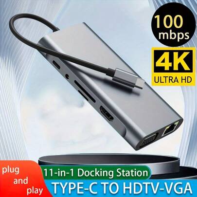 Stazione di aggancio 11 in 1 Type-C a HDTV+VGA, hub USB multiplo, tripla visualizzazione con doppio HDTV, VGA, PD, Ethernet, 3*USB, microfono/audio, l