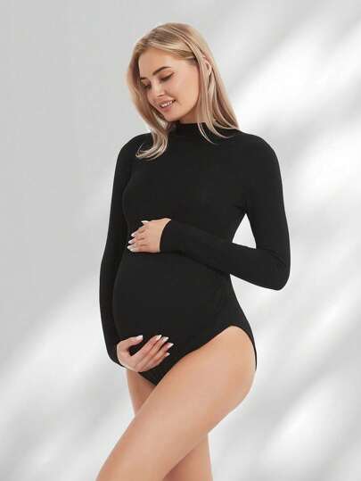 Maternity Mock Neck Long Sleeve Bodysuit For Photo Shoot, Pregnant Bodysuit For Maternity Photoshoot