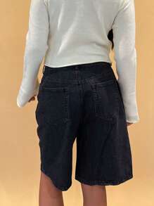Womens Knee Length Denim Shorts Solid Color High Waist Loose Fit Jean Shorts For Summer - 黑色 - 查看 7