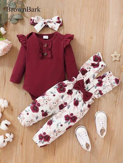 BrownBark Conjunto de 2 piezas de ropa casual para niña bebé: Blusa de manga larga de unicolor + Peto con estampado floral diminuto con decoración de lazo + Diadema, versátil para uso diario