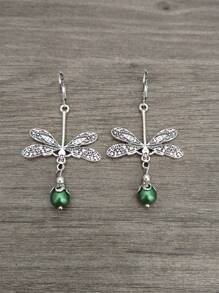 1 Paire De Boucles D'oreilles Crochets Pendentifs Style Bohémien Vintage Libellule & Perles Vertes Fausses Pour Femmes, Cadeau De Bijoux Pour Fêtes Et Voyages