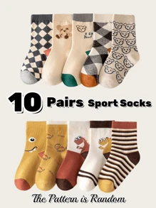 10prs Cute Autumn/Winter Dinosaur & Plaid Bear Cartoon Patterned Crew Socks, For Boys And Girls