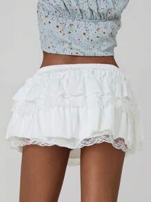 Women Y2k Lace Ruffle Bloomer Skirt Frill Tiered Solid Color Short Skirts Cute Layered Flowy A Line Mini Low Waist Short Skirt - 白色 - 查看 8