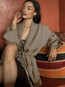 Cárdigan de estilo kimono de unicolor y frente abierto minimalista para mujer - Caqui - Ver 3