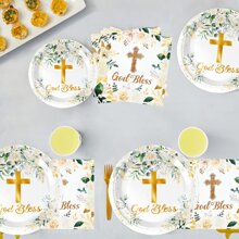 10/20 件金色祝福和花卉主题/洗礼派对套装，主题生日派对装饰品，包括 7 英寸/9 英寸派对盘子、餐巾、杯子 - 彩色 - 查看 4