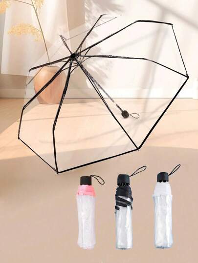 1pc 8-Rib Thickened Pvc Transparent Folding Umbrella, Outdoor Photoshoot Travel Three-Fold Umbrella For School,Office,Household,Travel, Back To School Supplies