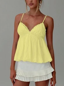 Women's Sweet Slim Camisole Spaghetti Strap Lace Trim V-Neck Flowy Hem Tank Tops - Yellow - View 10