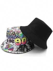 Cappello a secchiello unisex reversibile, in stile retrò anni '90 e '80, design con motivo vintage, cappello a secchiello casual da streetwear