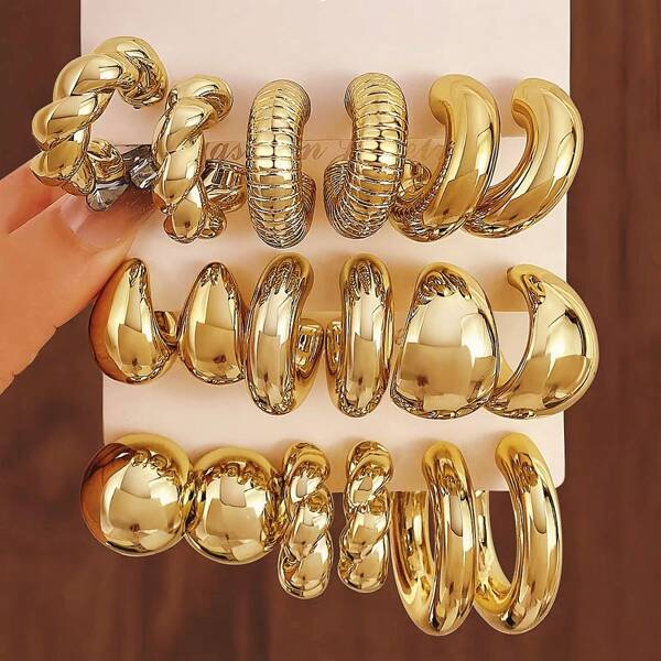 9 paires de boucles d'oreilles créoles géométriques surdimensionnées de couleur or en ABS, style mode, forme goutte d'eau