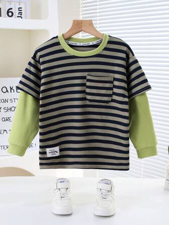 Boys' Casual Pullover Sweatshirt, Contrast Striped 2 In 1 Design