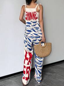 Women's Spring And Summer Fashion Casual Elegant Holiday Style Contrast Color English Letters Latin Fish Printed Imitation Linen Fabric Overall Jumpsuit Casual Vacation Holiday Travel