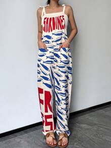 Women's Spring And Summer Fashion Casual Elegant Holiday Style Contrast Color English Letters Latin Fish Printed Imitation Linen Fabric Overall Jumpsuit Casual Vacation Holiday Travel