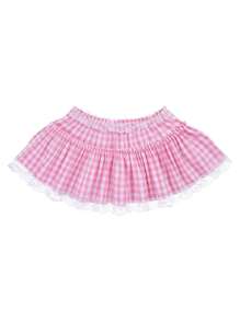 Women Gingham Plaid Miniskirt, Adults Sexy Lace Trim Princess Pleating Skirt Pink, Blue - 粉色 - 查看 3