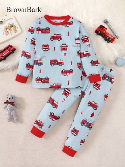 BrownBark 2pcs Young Boys Cartoon Truck Print Crew Neck Long Sleeve Top & Pants Set, Soft Comfortable Casual Boys Children Clothing Suitable For Daily Casual Outings