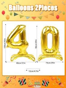 2 个自立数字气球金色巨型数字生日铝箔气球适用于 40 岁 50 岁 60 岁 70 岁 80 岁生日派对装饰年龄数字气球周年派对用品
