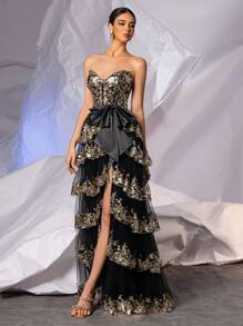 Luxury Sparkly Sequin Applique Prom Dresses With Tiered Layer Hem, Big Bowknot Elaborate Tulle Formal Evening Gown With High Split Spaghetti Strap Cross Back, Homecoming Dresses Party Dress Wedding Guest Dress - 黑色 - 查看 6