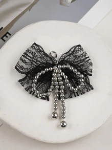 1 件圣诞节新款韩式简约仿珍珠黑丝带蝴蝶结鞋配饰，仿珍珠蝴蝶结包包装饰 DIY 配饰