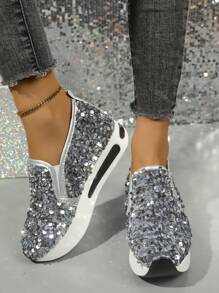 Novos calçados esportivos casuais da moda feminina, tênis leves com sola macia, sapatos brancos pequenos com lantejoulas e renda confortáveis e versáteis, mocassins de salto alto, sapatilhas femininas com sola plataforma