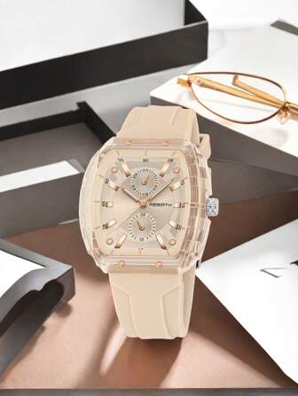  1pc Rebirth Brand Women Silicone Strap Quartz Watch, Minimalist Fashion Versatile Suitable For Daily Wear