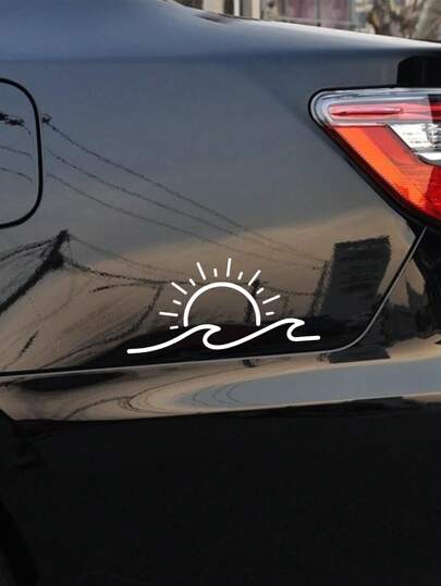 1pc White 30*15cm Sun Wave Car Window Bumper Sticker, Suitable For Car Window, Laptop, Bicycle, Cute Sun Flower Decor For Rearview Mirror, Car Accessories, Vinyl Sticker, DIY Waterproof Decoration