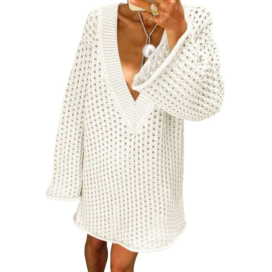 Women Crochet Cover Up Long Sleeve Deep V Neck Hollow Out Sweater Oversized Beach Mini Dress Bathing Suit Coverup - White - View 1